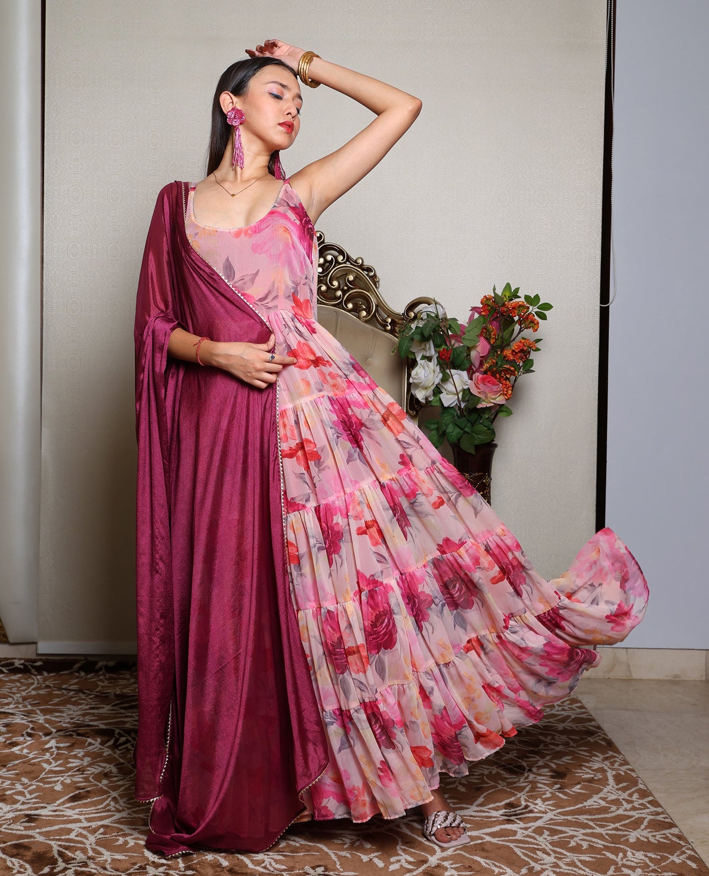 Strap Floral Gown With Dupatta / New Anarkali suit for woman