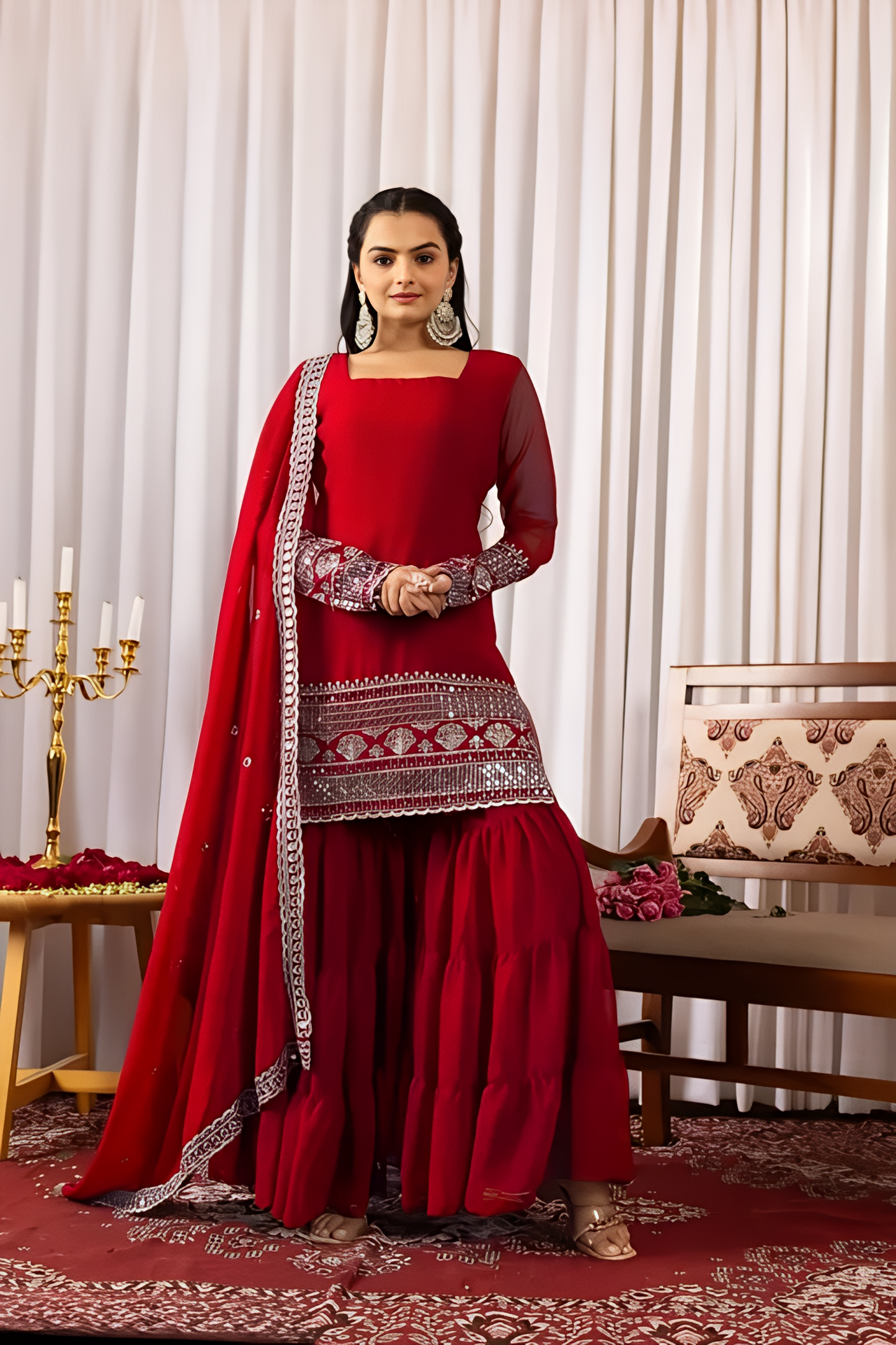 Stylish Red Designer Sharara Pair Set with Heavy Georgette Embroidered Women's Stitched Kurti - Perfect for Weddings & Festive Wear | Perfect for Bridal & Party Wear