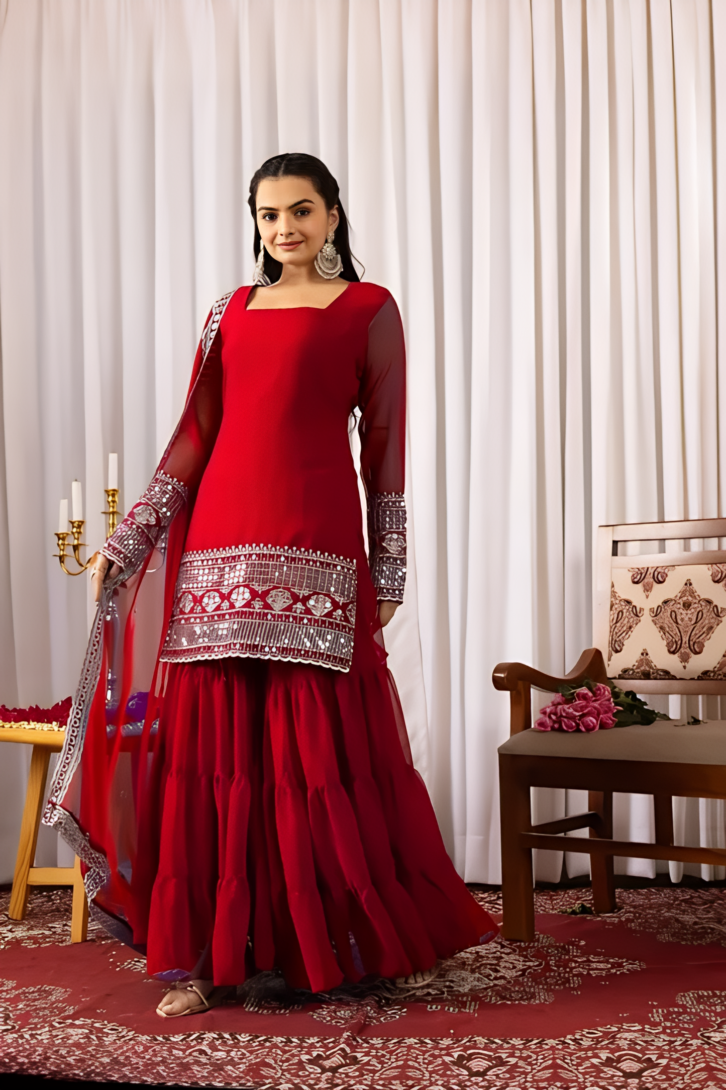 Stylish Red Designer Sharara Pair Set with Heavy Georgette Embroidered Women's Stitched Kurti - Perfect for Weddings & Festive Wear | Perfect for Bridal & Party Wear